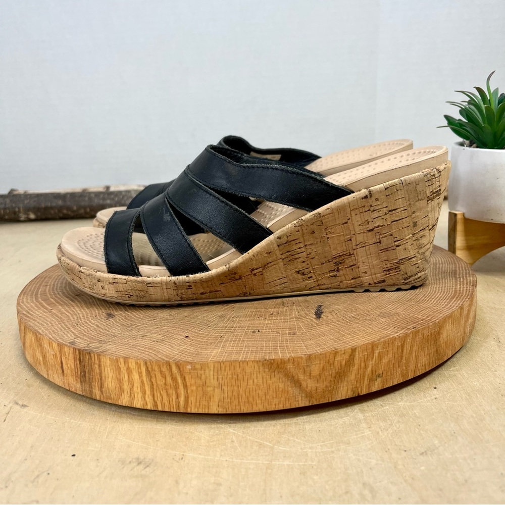 Crocs A-Leigh Strappy Cork Wedge Sandals Black Snake Leather Size 9 - Picture 3 of 14